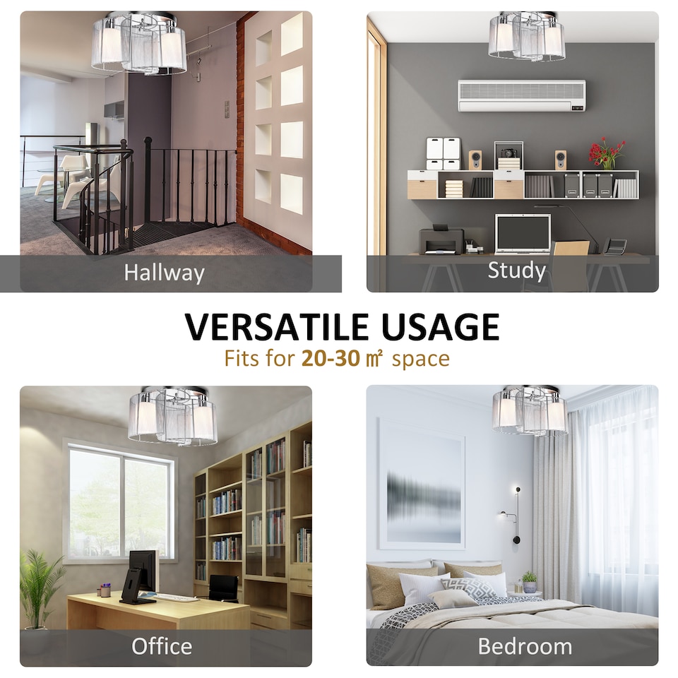 image 1 of HOMCOM Modern Chandelier, SemiFlush Mount Ceiling Light with 2 Light, E27 Bulb Base for Hallway, Dining Room, Living Room, White and Silver