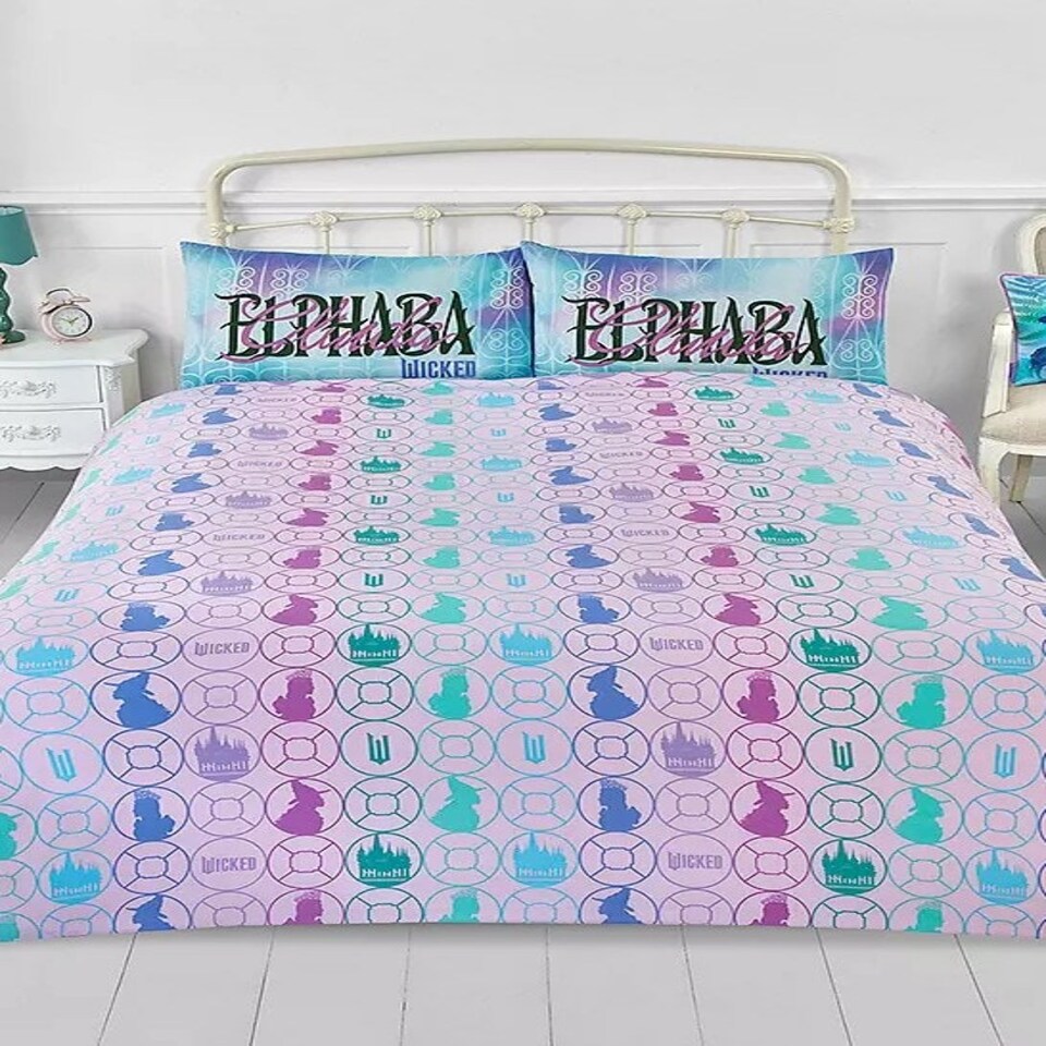 image 1 of Wicked Glenda & Elphaba Reversible 2 in 1 Design Double Duvet Cover and Pillowcase Set - Wicked For Good Blue | green, pink | Double