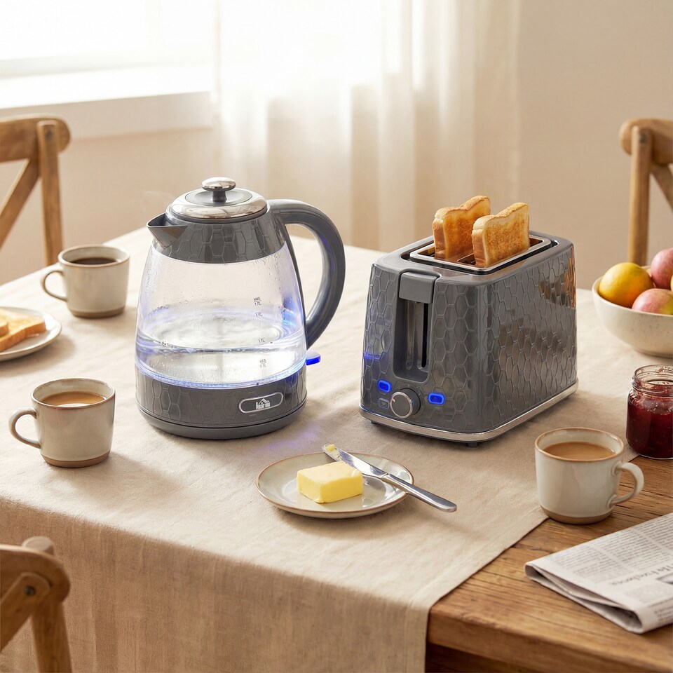 image 1 of HOMCOM Kettle and Toaster Set, 1.7L 3000W Rapid Boil Jug Kettle with Limescale Filter, 2 Slice Toaster with 7 Browning Controls, Crumb Tray, Grey | Grey