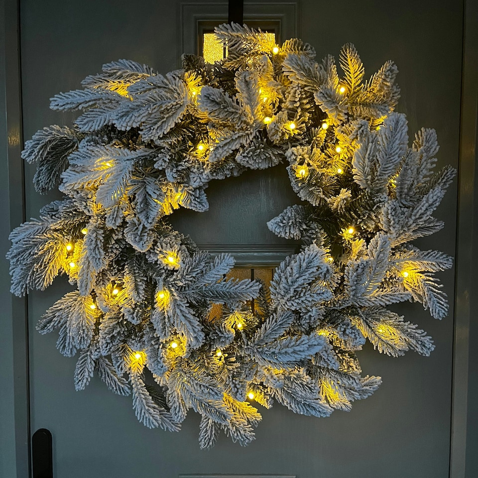 image 1 of 60cm Premium Mixed branch prelit Snow Flocked Christmas Wreath - with timer