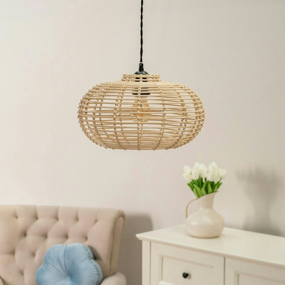 image 1 of ValueLights Romy Wood - Rattan Natural Oval Ceiling Pendant Shade