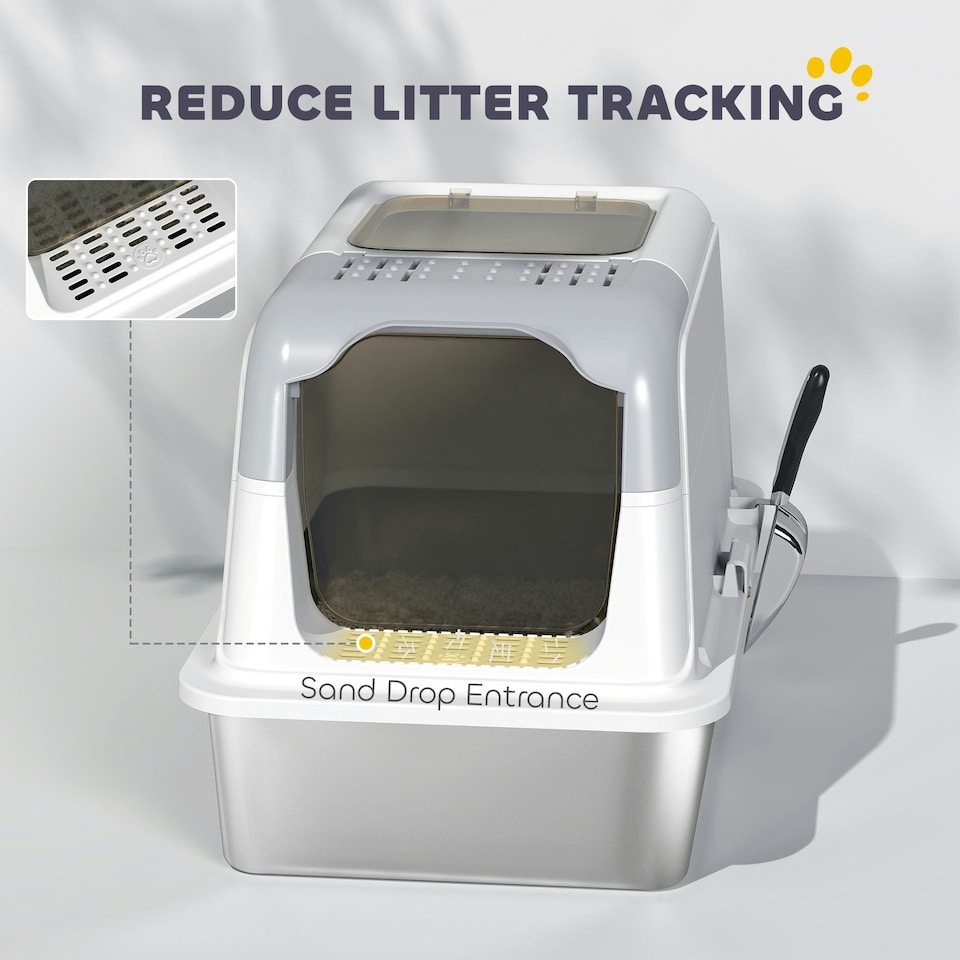image 1 of PawHut Stainless Steel Litter Box, Enclosed Metal Litter Tray with Scoop White | One Size