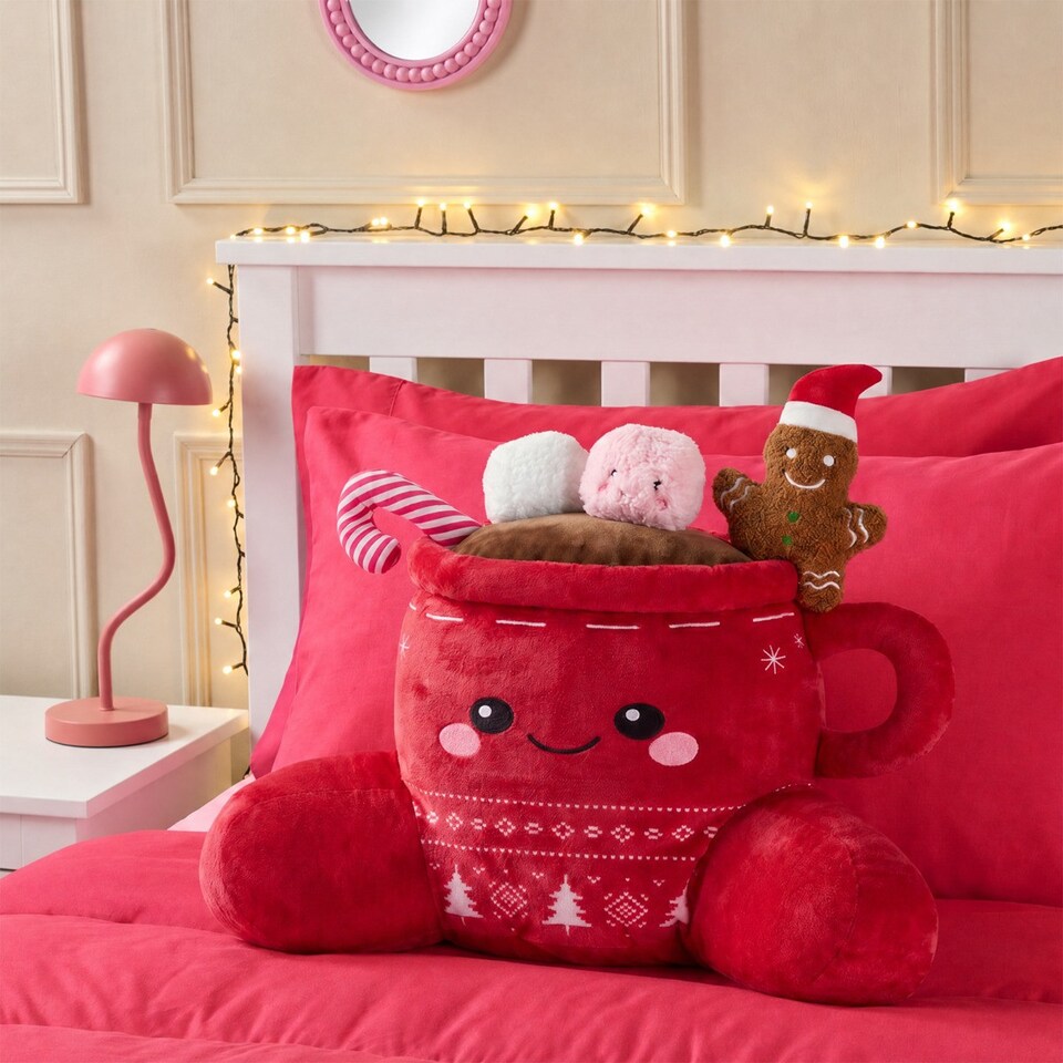 image 1 of OHS Kids Festive Hot Chocolate Cuddle Cushion Character Backrest Reading Pillow