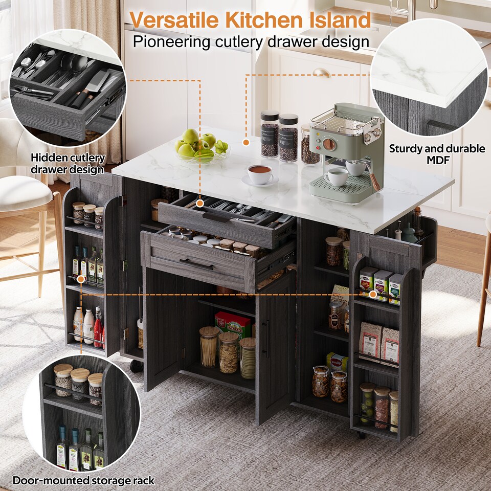 image 1 of VILUXE Mobile Kitchen Island with Foldable Worktop, Hidden Cutlery Drawer, Large Drawer, Adjustable Shelves, Door Racks, Towel Rack, Spice Rack and 5 Wheels, Grey