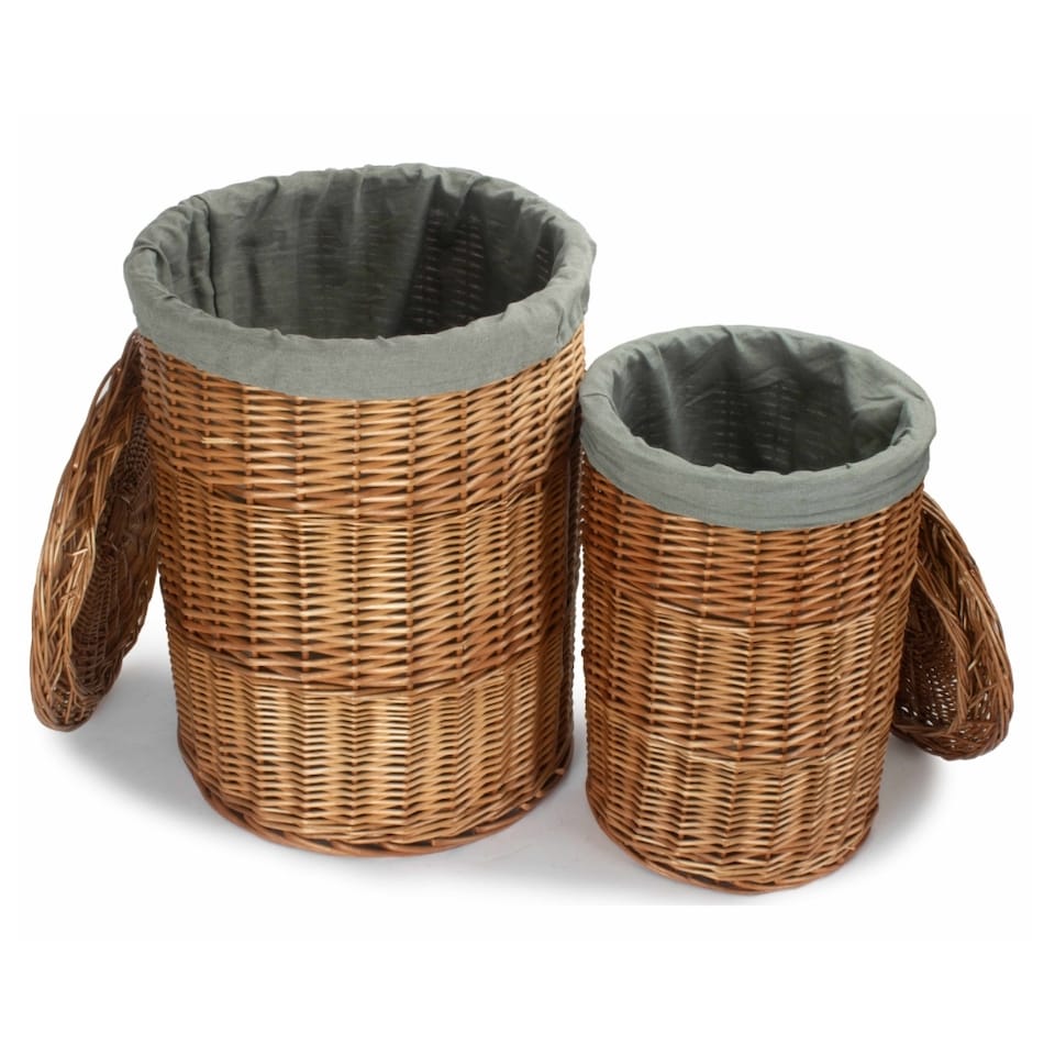 image 1 of Set of 2 Light Steamed Round Linen Basket with Grey Sage Lining | Grey | Grey