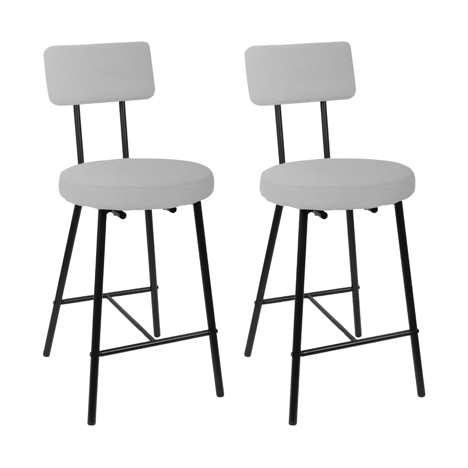 Set of 2 Bouclé Upholstered Bar Stools with Back Round Counter Height Padded Stool - Grey