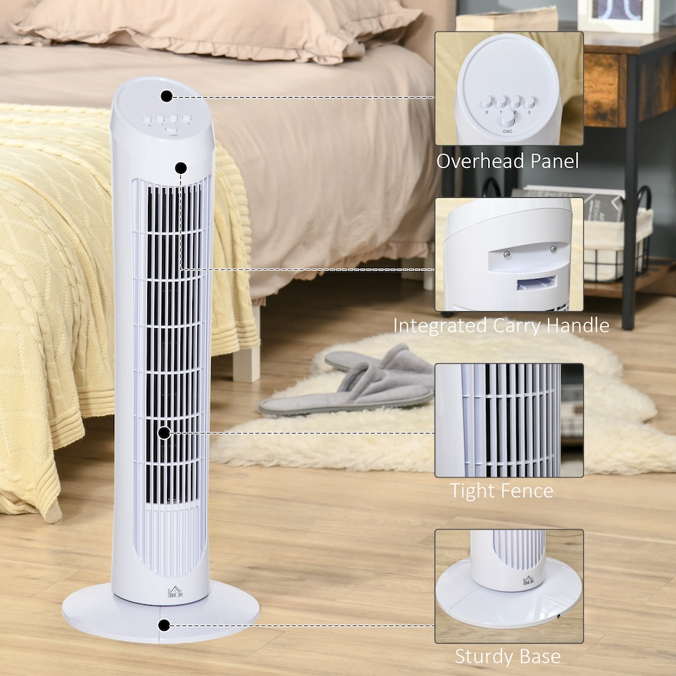 image 1 of HOMCOM Tower Fan for Bedroom Cooling, 30 Inch Electric 70 Oscillating Fan with 3 Speed Settings, Standing Floor Fan for Home Office Indoor, White