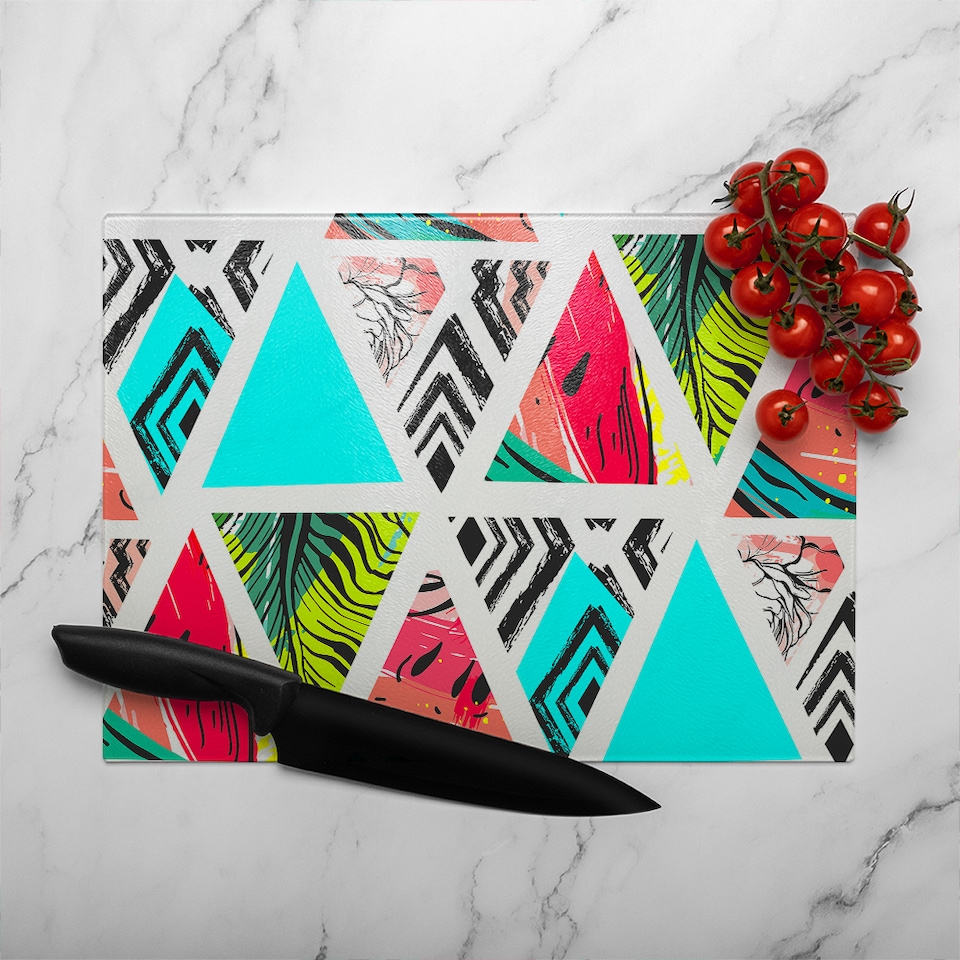 image 1 of Aztec And Tropical Palm Leaves Glass Chopping Board | Multi
