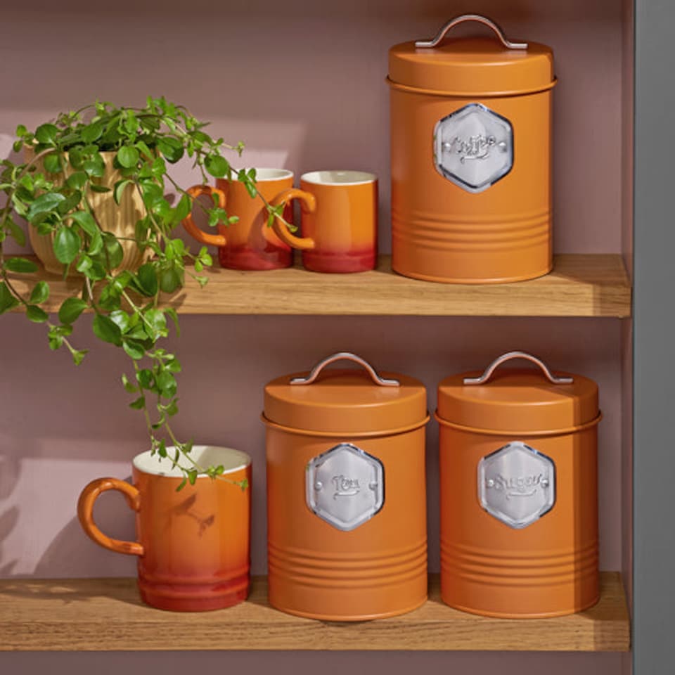 image 1 of Cooks Professional 3 Piece Kitchen Storage Set – Tea, Coffee & Sugar Cannisters | Orange | Orange & Silver