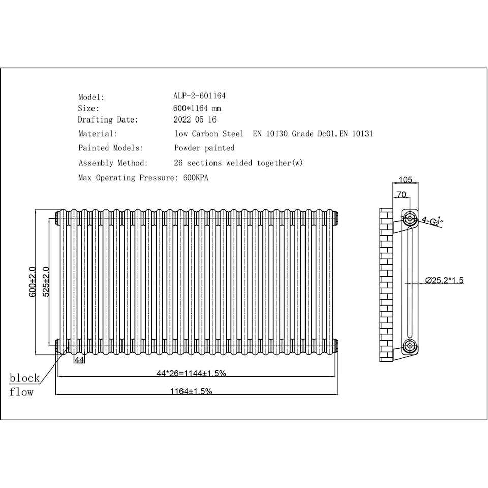 image 1 of Alpha - Raw Metal Column Electric Radiator H600mm x W1164mm 2 Column 1200w Thermostatic WIFI