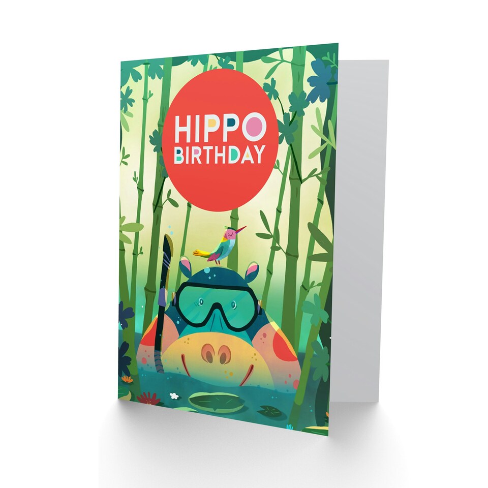 image 1 of Jungle Cute Hippo Cartoon Child Kids Birthday Card