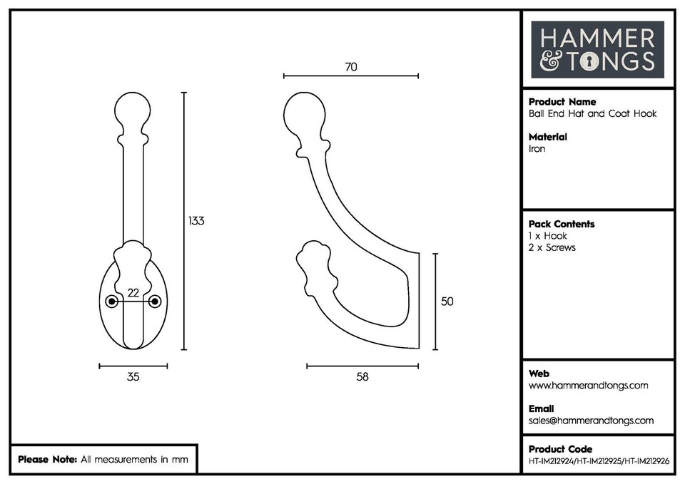 image 1 of Hammer & Tongs Ball End Hat & Coat Hook - W35mm x H135mm - Raw