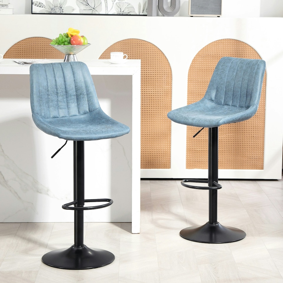 image 1 of HOMCOM Set Of 2 Microfibre Retro Tub Bar Stools Metal Frame Footrest Seat Blue