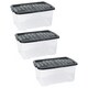 image 3 of Pack Of 5 Strong 30 Litre Clear Transparent Base Stackable Curve Underbed Plastic Storage Boxes With Black Lids Clear