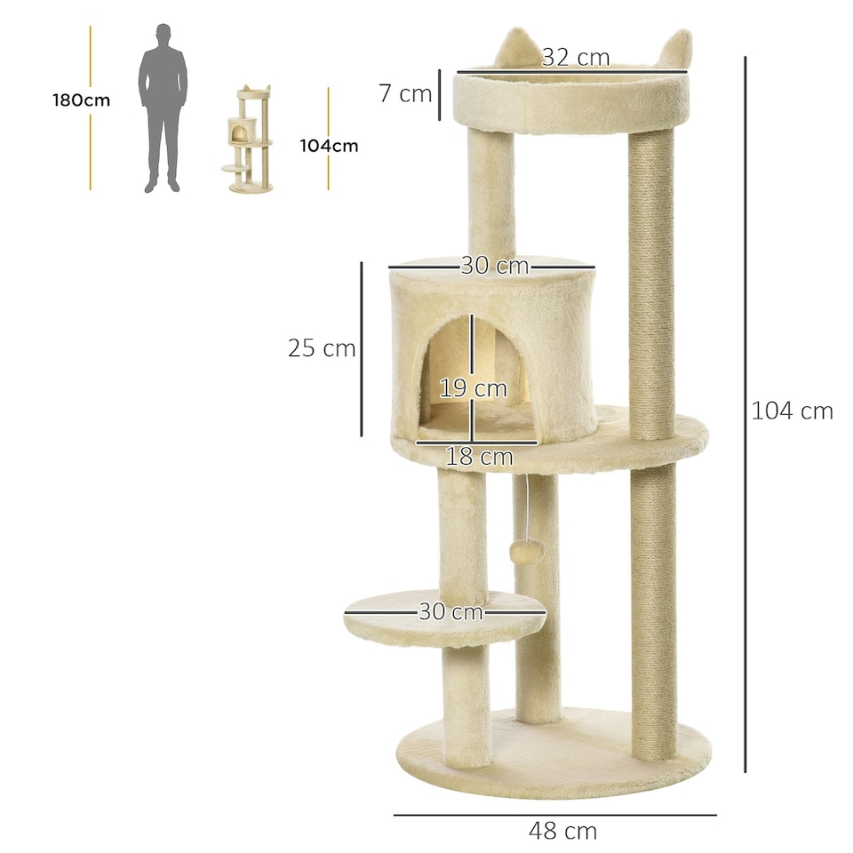 image 1 of PawHut 4 Tiers 104cm Cat Tree with Scratching Posts Perches, Cream