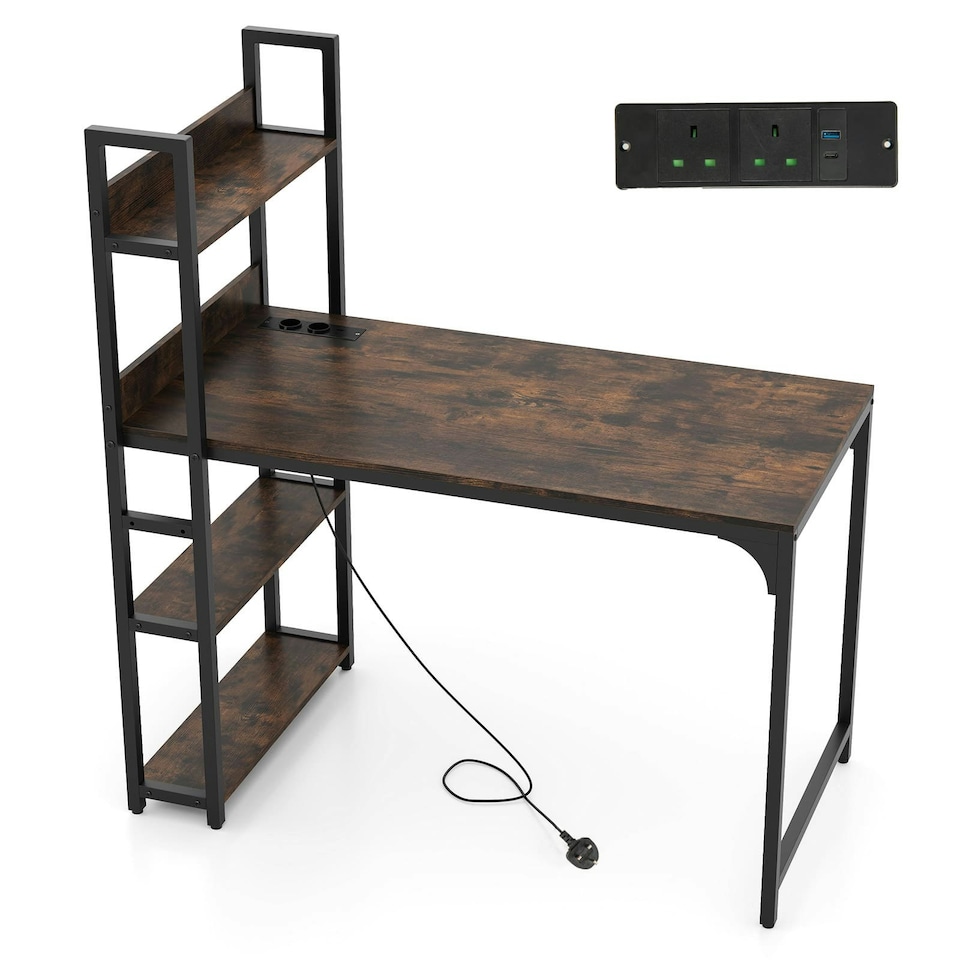 image 1 of COSTWAY Computer Desk Writing Desk with Power Strip Brown Brown