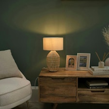 ValueLights Hollins Painted Natural Table Lamp with Small Natural Drum Shade and LED Bulb