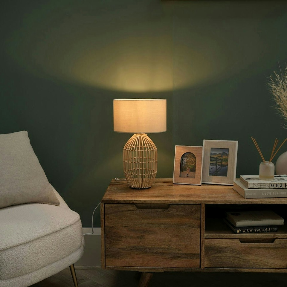 image 1 of ValueLights Hollins Painted Natural Table Lamp with Small Natural Drum Shade and LED Bulb