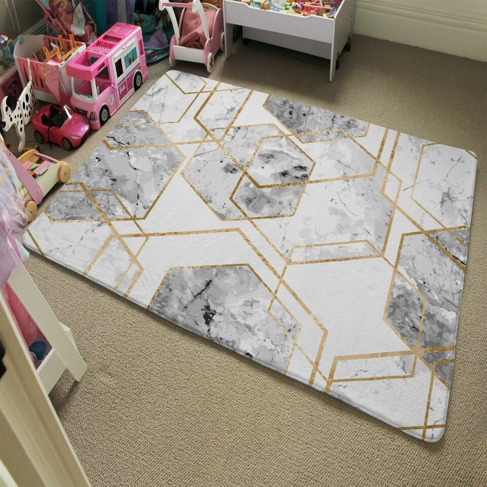 image 1 of geometric marble pattern with gold glitter (Rug) Grey | Medium: 80x150cm