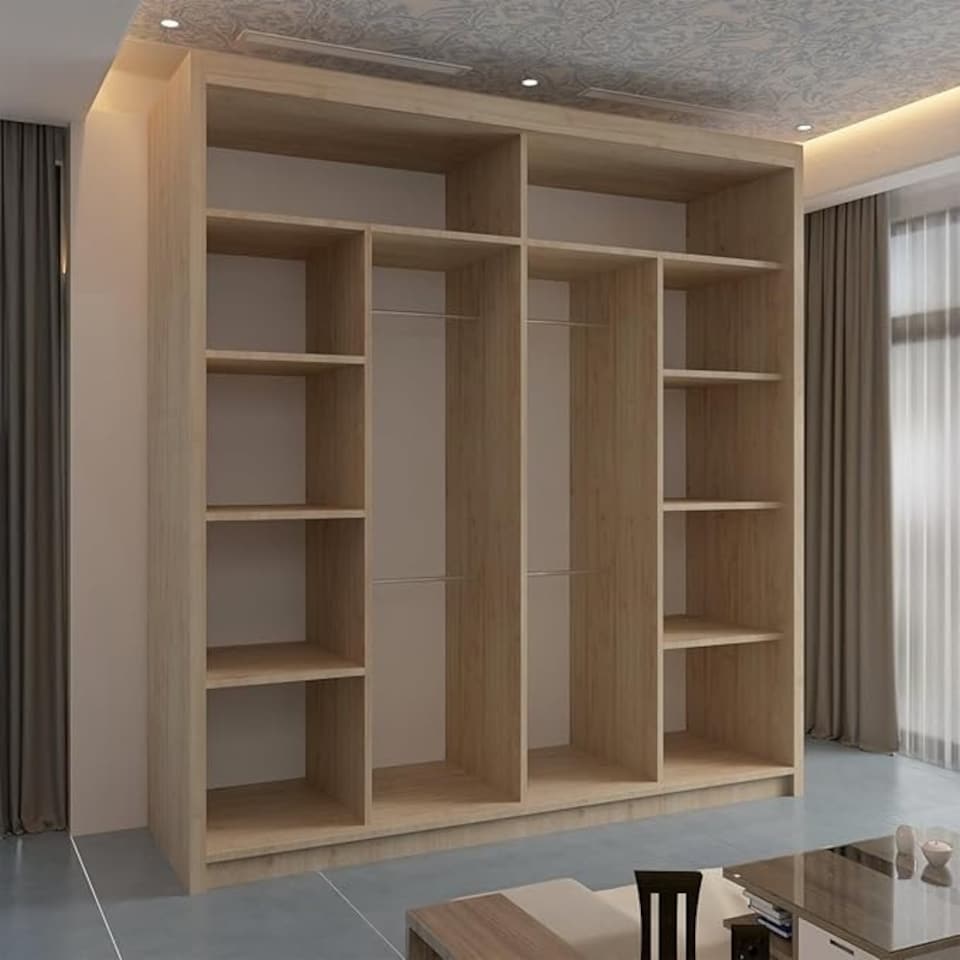 image 1 of Modern Sliding Wardrobe 203cm with Wavy Mirror Design | White, Black, Grey, Oak Finish Brown | Oak203cm 