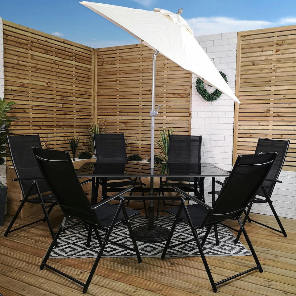 image 1 of Outdoor 6 Person Rectangular Glass Top Garden Patio Dining Table Chairs With Cream Parasol and Base Set