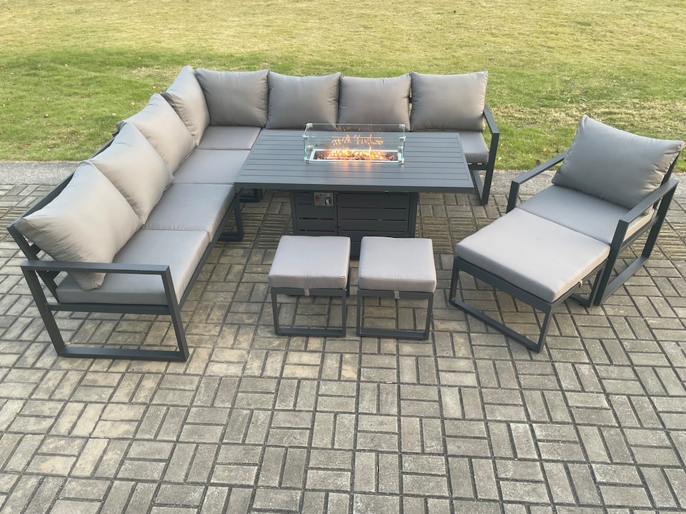 image 1 of Fimous Aluminium Lounge Corner Sofa Outdoor Garden Furniture Sets Gas Fire Pit Dining Table Set with Chair 3 Footstools Dark Grey
