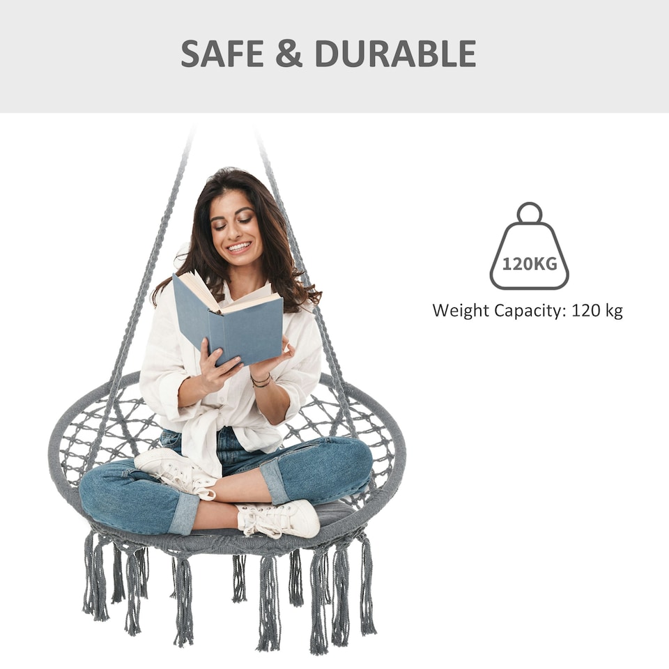 image 1 of Outsunny Macrame Hanging Chair Swing Hammock for Indoor & Outdoor Use Grey
