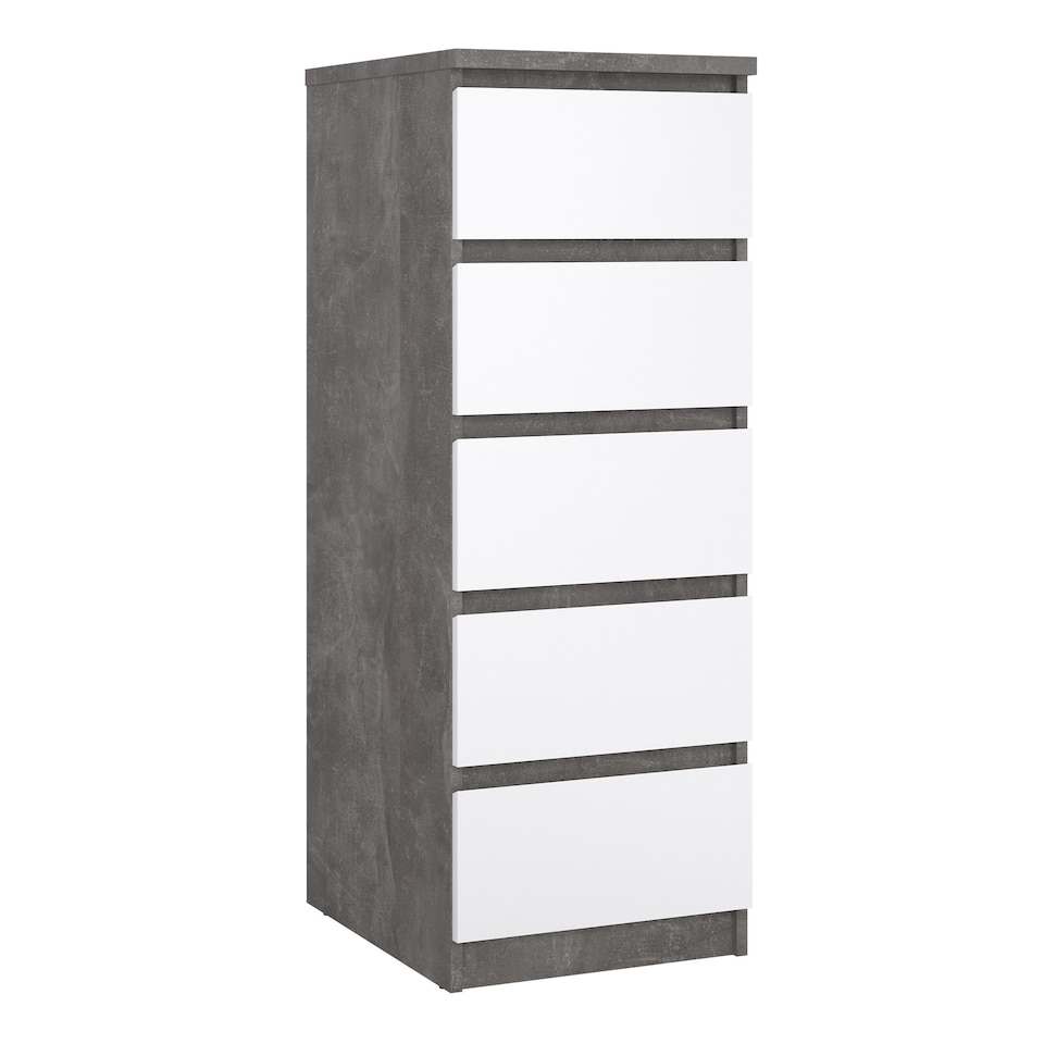 image 1 of Naia Narrow Chest of 5 Drawers in Concrete and White High Gloss