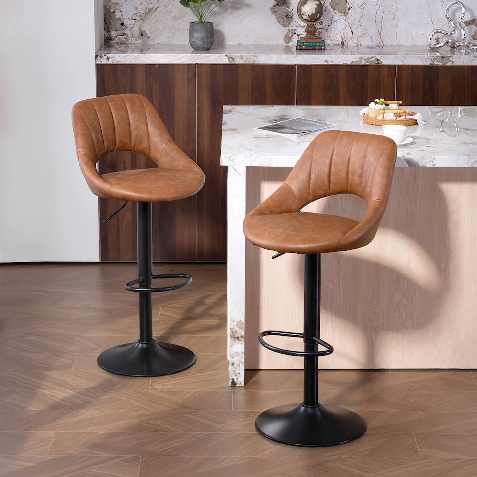 image 1 of HOMCOM Bar Stools Set of 2, Height Adjustable Swivel Barstools with Backrest and Footrest, PU Leather Upholstered Dining Stools for Kitchen, Counter, Breakfast Bar, Brown | Brown | Brown