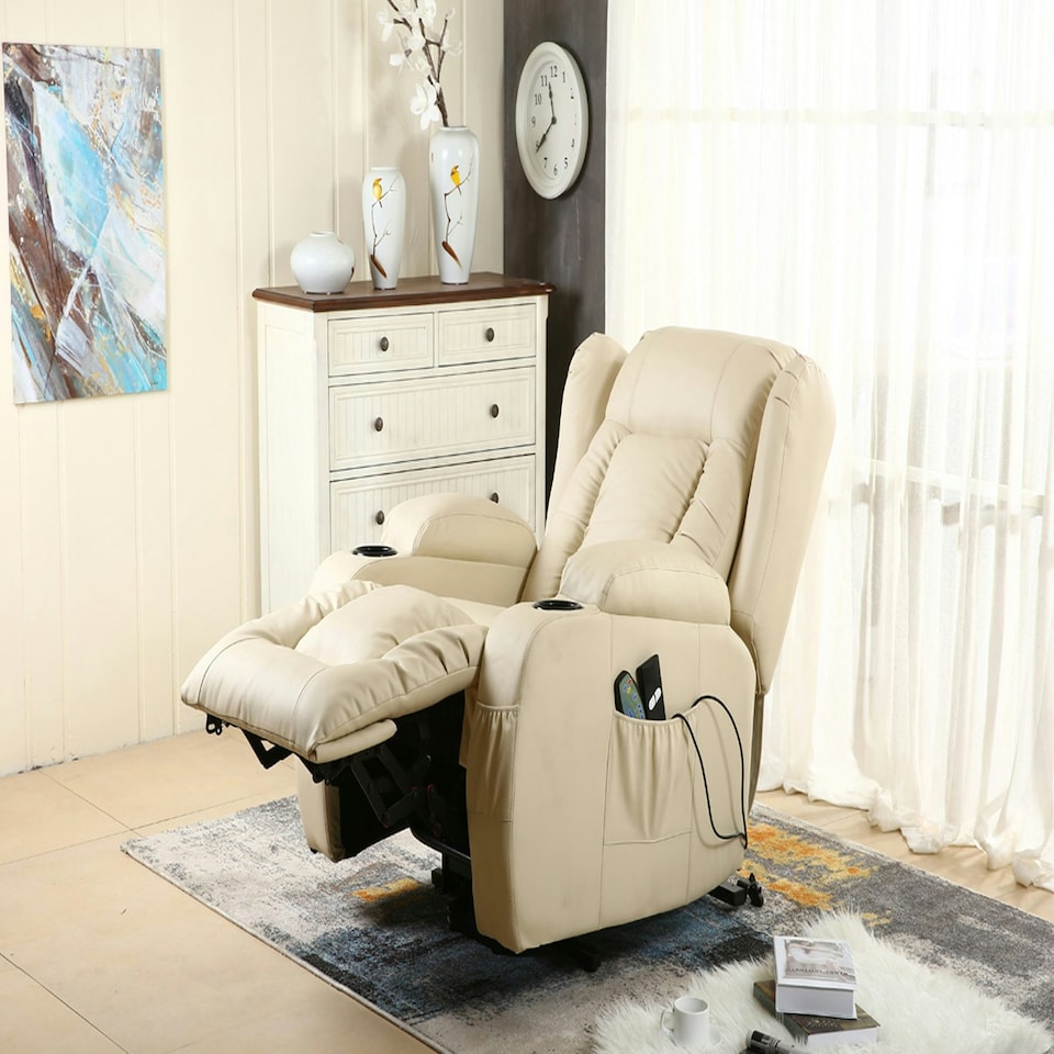 image 1 of Caesar Single Motor Rise Recliner Bonded Leather Heat & Massage Chair (Cream)
