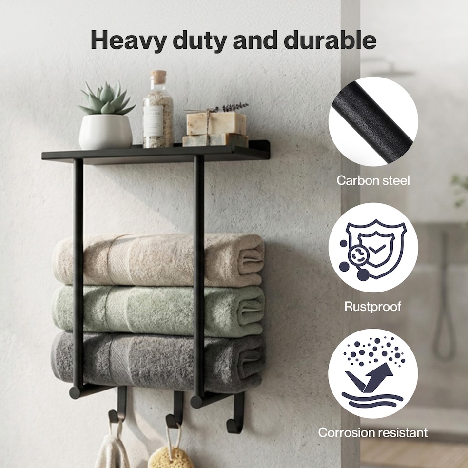 image 1 of Levede Towel Rack Wall Mounted Shelf Bathroom Storage Holder with Hooks Black