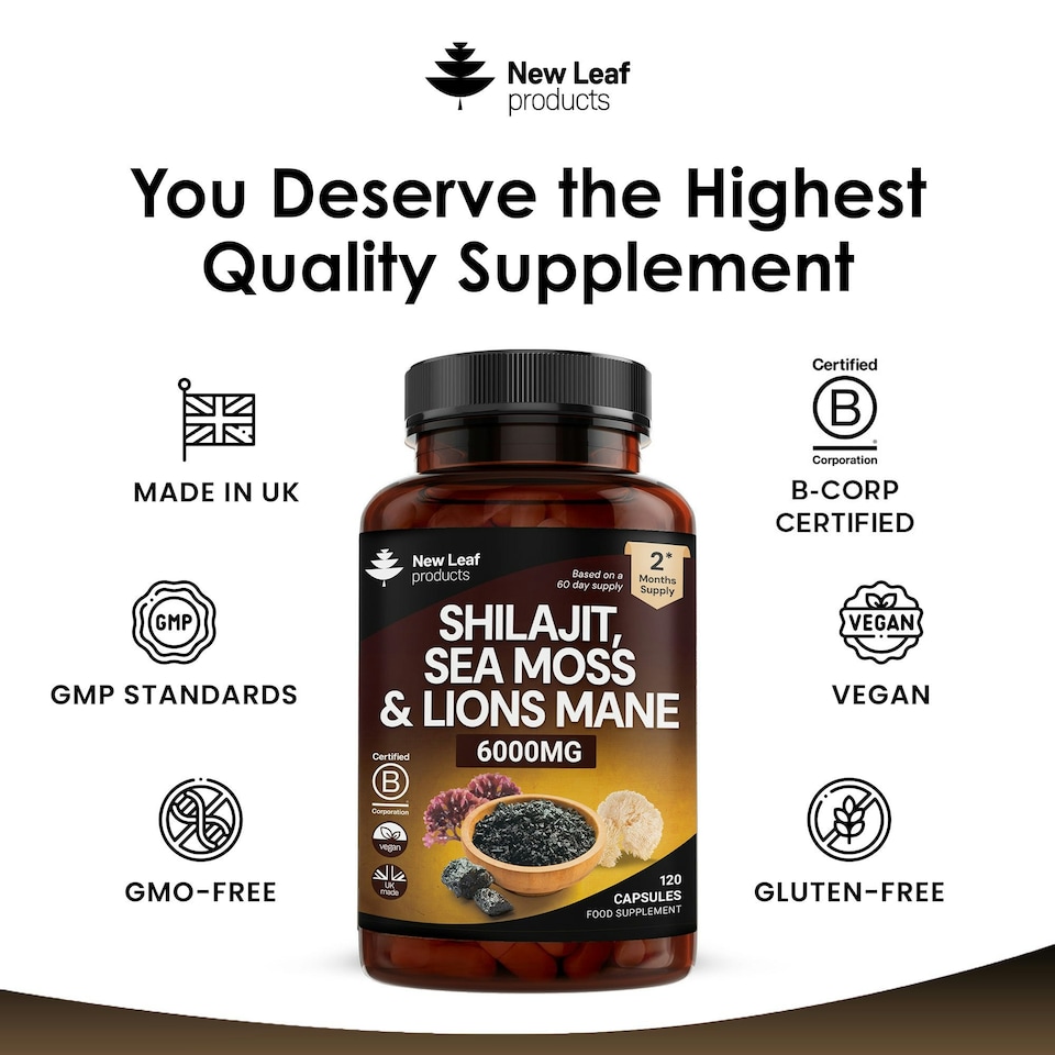 image 1 of Shilajit, Sea Moss & Lion's Mane Capsules - Mood & Anxiety Support - Vegan 120 Capsules