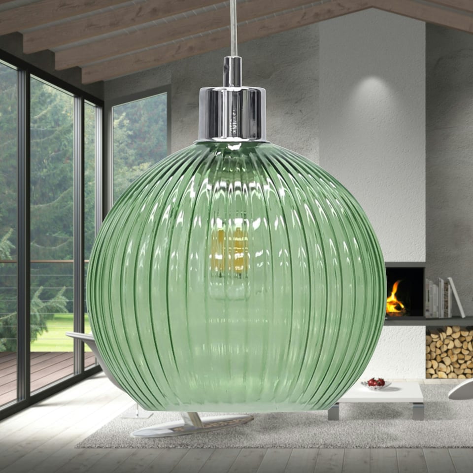 image 1 of Betchley - Green Ribbed Glass Globe Easy Fit Pendant Shade Green