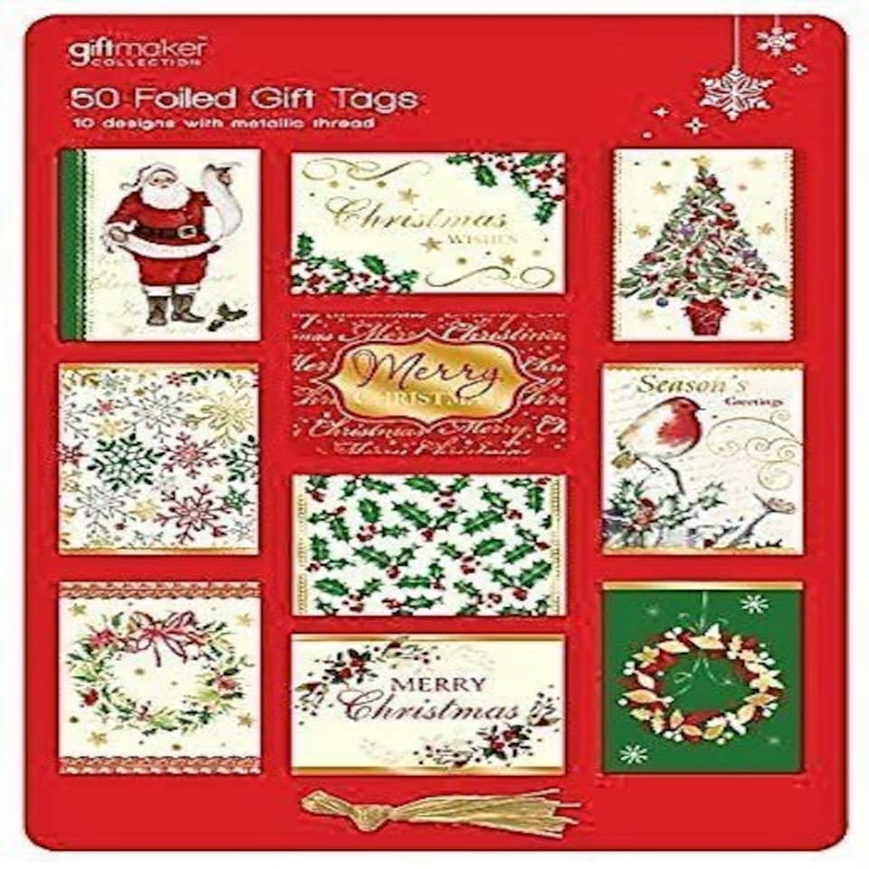 image 1 of Pack Of 50 Foiled Traditional Christmas Gift Tags: 10 Different Designs And Gold Metallic Thread