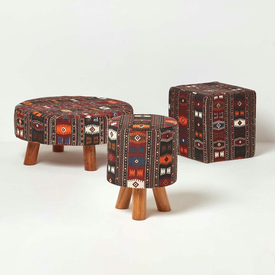 image 1 of Homescapes Flat Kilim Footstool with Legs | Red | 62 x 62 x 30 cm