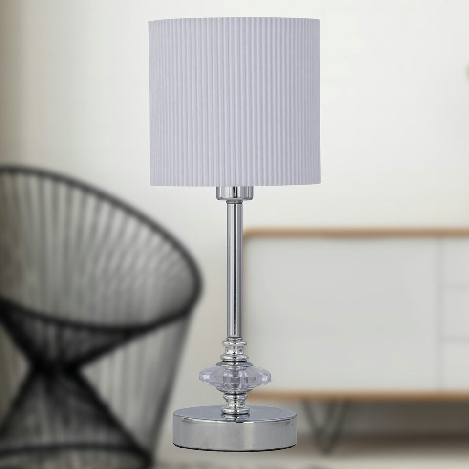 image 1 of First Choice Lighting Chrome Jewelled Table Lamp with White Pleat Shade Chrome | White