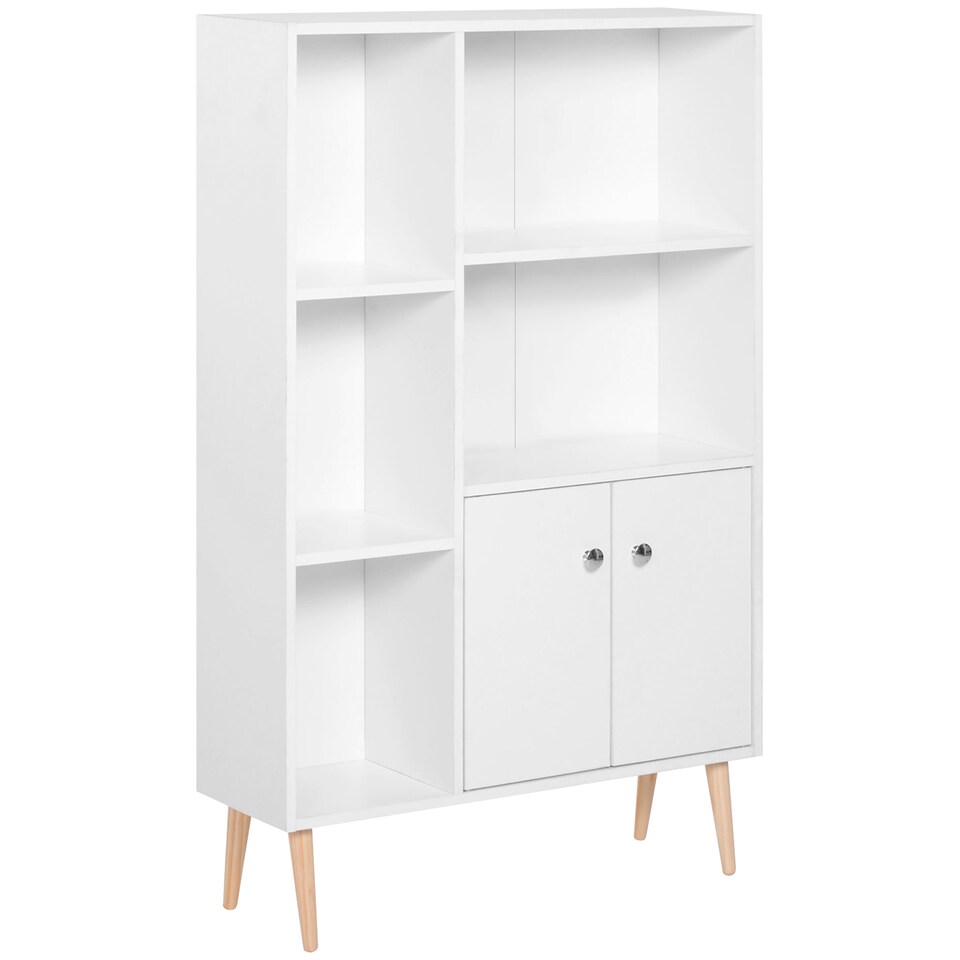 image 1 of HOMCOM Sideboard Storage Cabinet Cupboard, Open Bookcase with 2 Doors 5 Compartments Wooden Modern Style for Living Room Bedroom Kitchen 80 x 23 x 123 cm, White