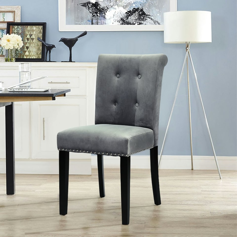 image 1 of Living and Home Velvet Dining Chair with Nailhead Trim - Light Grey