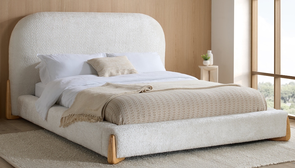 image 1 of 5ft King Size Low Profile White Soft Fabric Upholstered Wood Bed Frame | White | King
