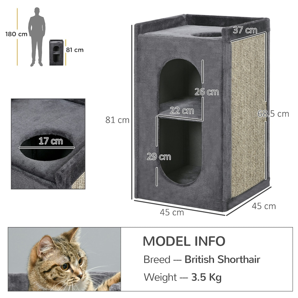 image 1 of PawHut 2-Tier Cat House with Scratching Pad Plush, 81cmH, Grey
