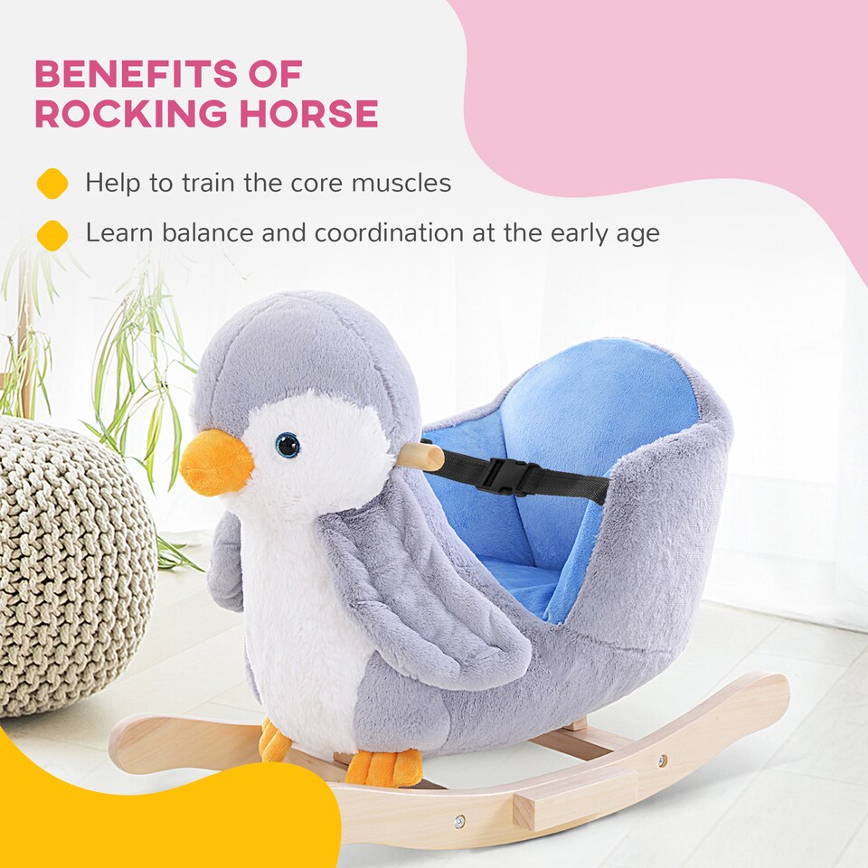 image 1 of HOMCOM Animal Baby Rocking Horse Penguin Plush Musical Button w/32 Songs Wood