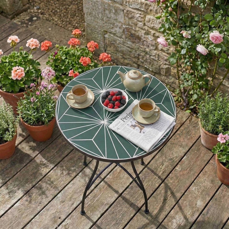 image 1 of 60cm Round Mosaic Ceramic Garden Bistro Table | Multi | Geometric Green | 1