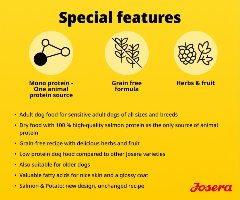 image 1 of Josera Adult Salmon & Potato grain-free complete food | Adult & Senior dogs | Single animal protein | Gluten free | Herbs & fruit | Skin & Coat | 3kg