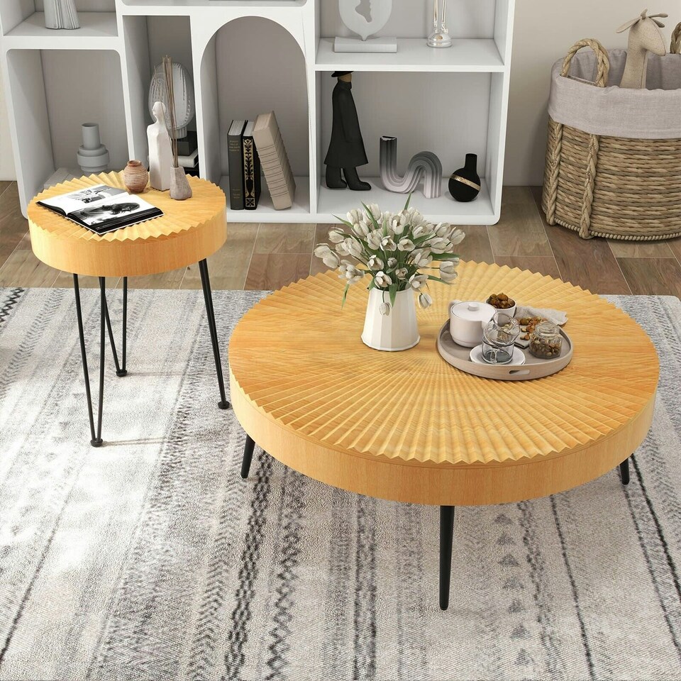 image 1 of COSTWAY 2PCS Round Nesting Tables Accent Coffee Tables Brown