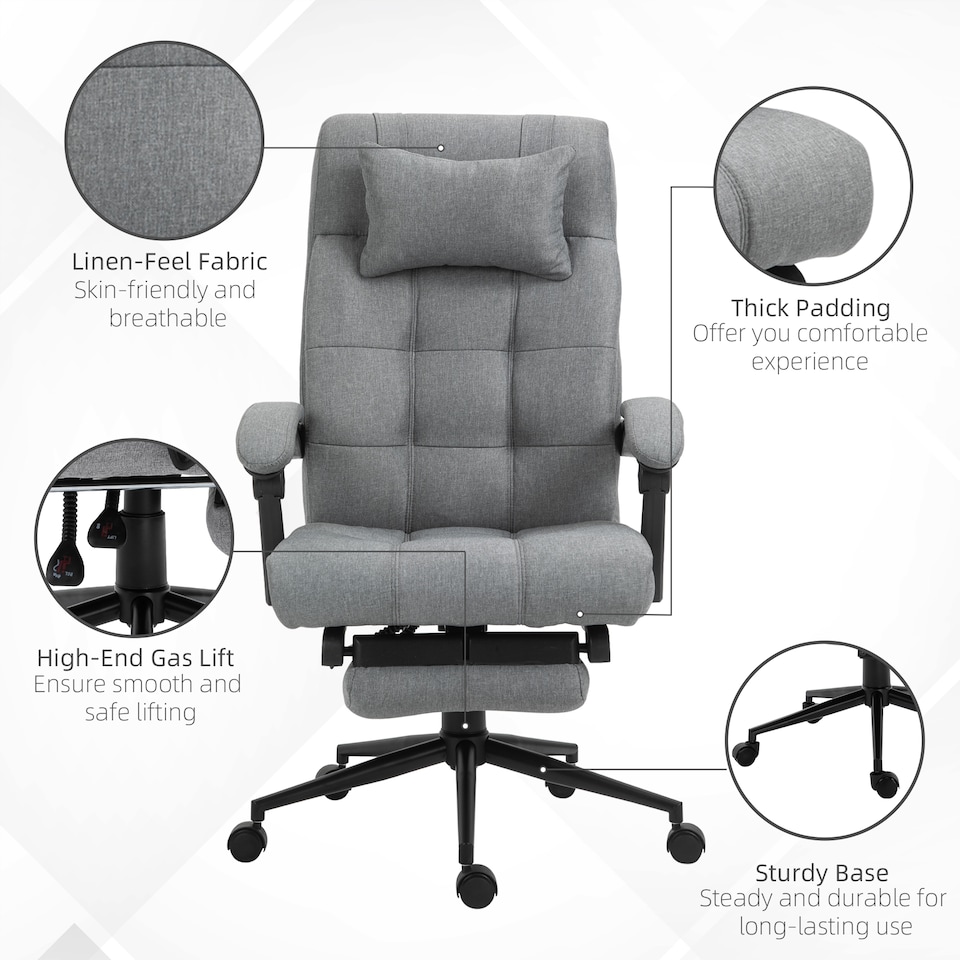image 1 of Vinsetto Office Chair, Computer Chair with Adjustable Height, Head Pillow, Footrest for Home, Light Grey