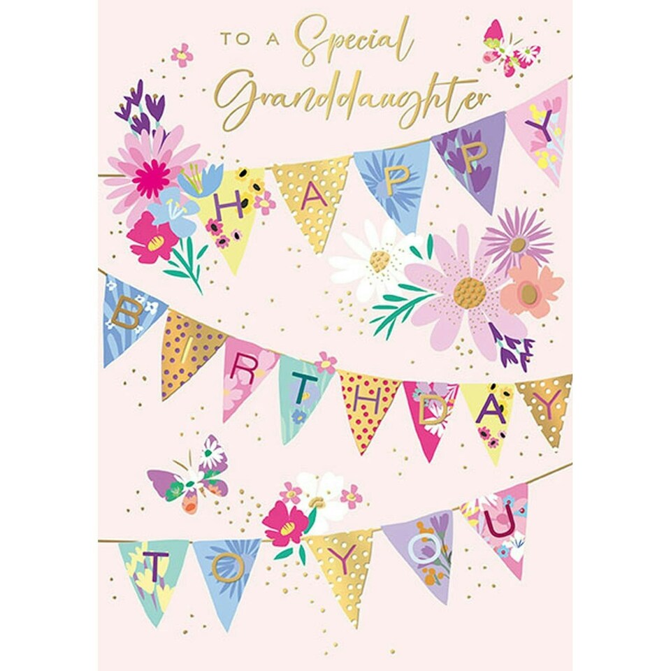 Words 'n' Wishes Special Granddaughter Birthday Card, Happy Birthday Card with Bunting and Flowers Design