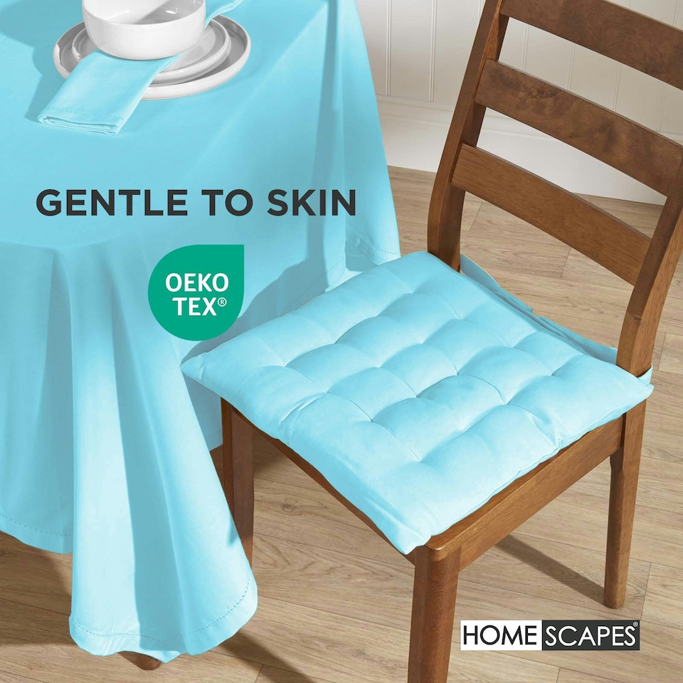 image 1 of Homescapes 4 x Seat Pads Luxury Cotton Indoor Outdoor Garden Dining Cushion Light | Blue | 40 x 40 cm | 4