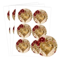 Vintage Gold Heart Round Stickers 88mm - Sheet of 6