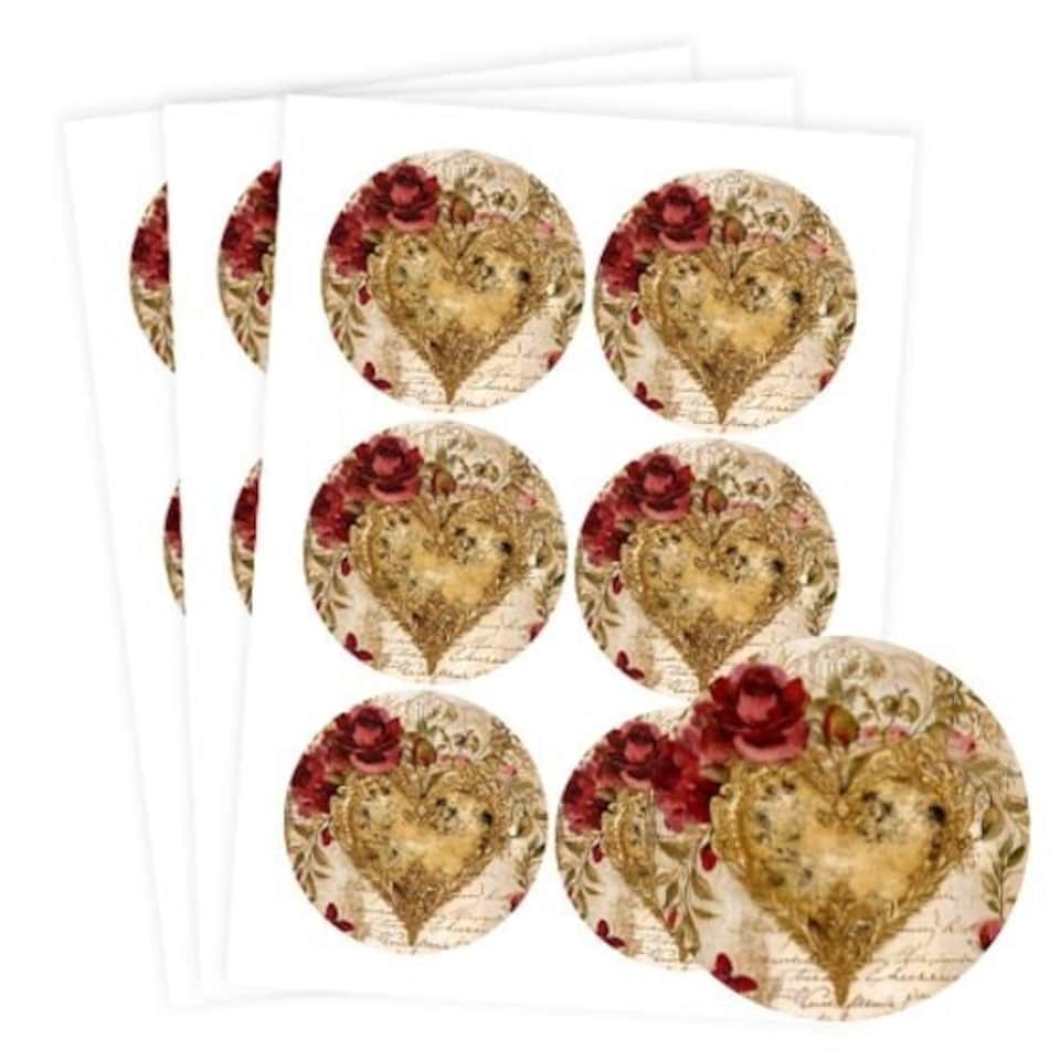 image 1 of Vintage Gold Heart Round Stickers 88mm - Sheet of 6