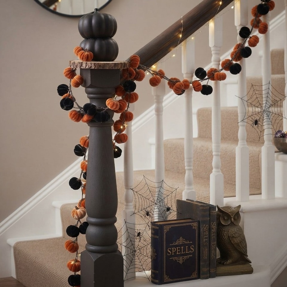 image 1 of Heaven Sends Halloween Orange & Black Velvet Pumpkin Garland 150 cm
